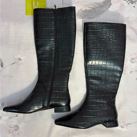 NEW Gianni Bini Black Leather Pointy Toe Croc Emboss Low Heel Knee High Boots 6- - Picture 9 of 14